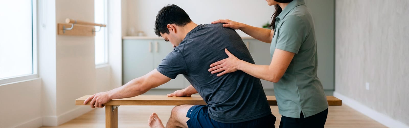 Specialist physiotherapist Sujin Kim demonstrating Schroth method scoliosis exercises at Kinesis Clinic Dubai.