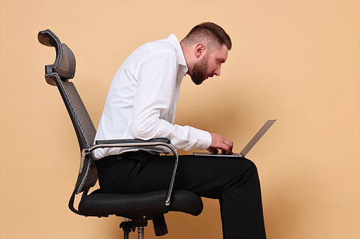 Infographic demonstrating postural strain and muscle imbalances caused by poor ergonomic habits.